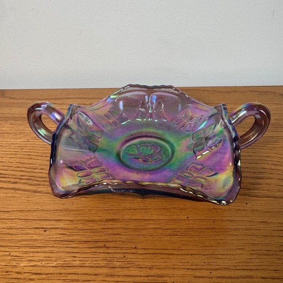 Fenton Iridescent Purple Carnival Glass Candy Dish with Handles Butterfly Rose - Picture 2 of 11